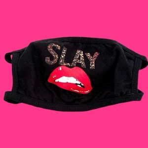 Handmade slay mask with red lip and leopard font